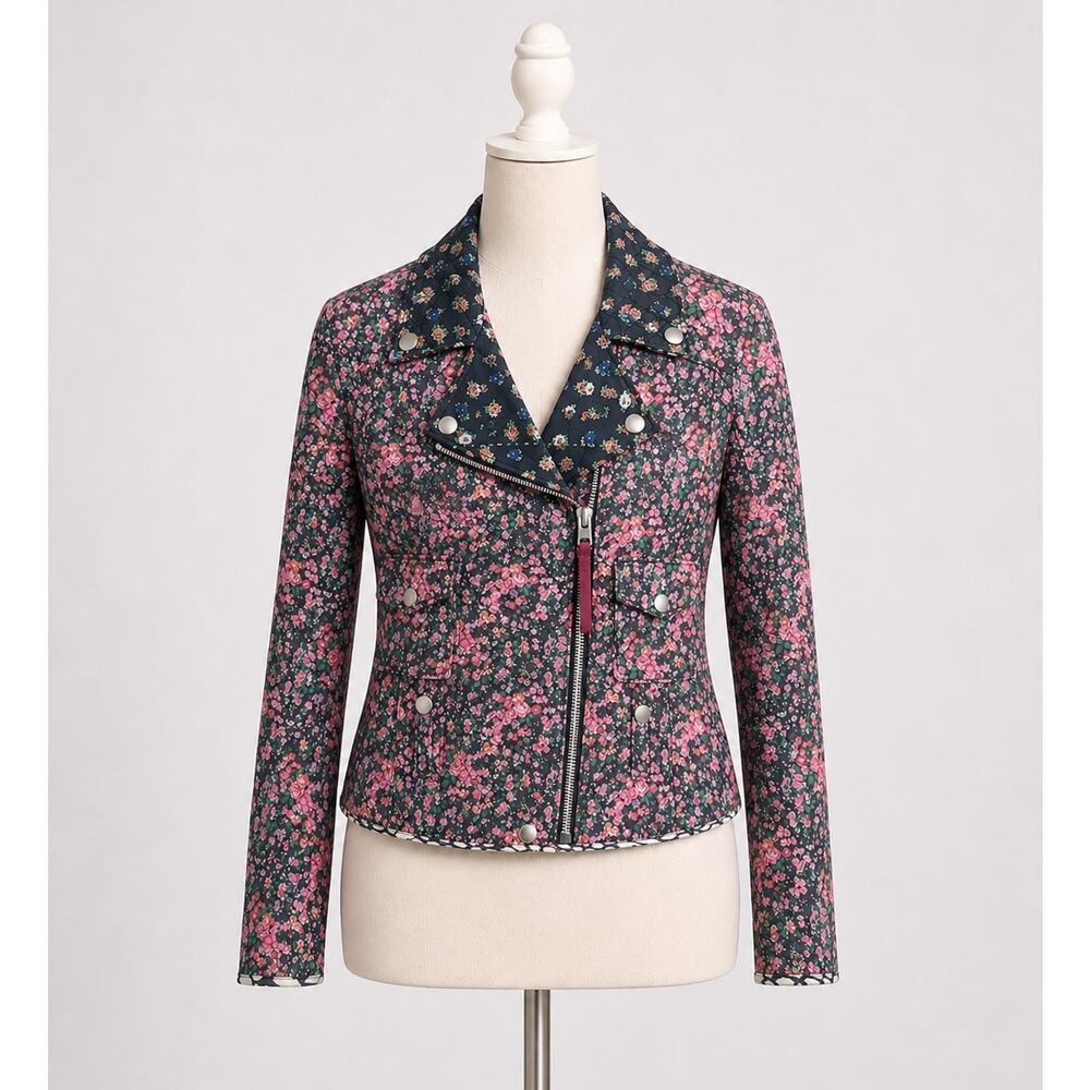 Coach Quilted Chiffon Floral Moto Jacket Pink Green XS New!